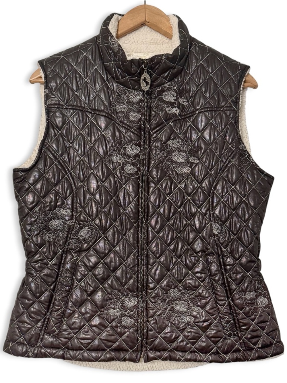 Cowgirl Up Embroidered Quilted Windbreaker Sherpa Vest Floral Brown